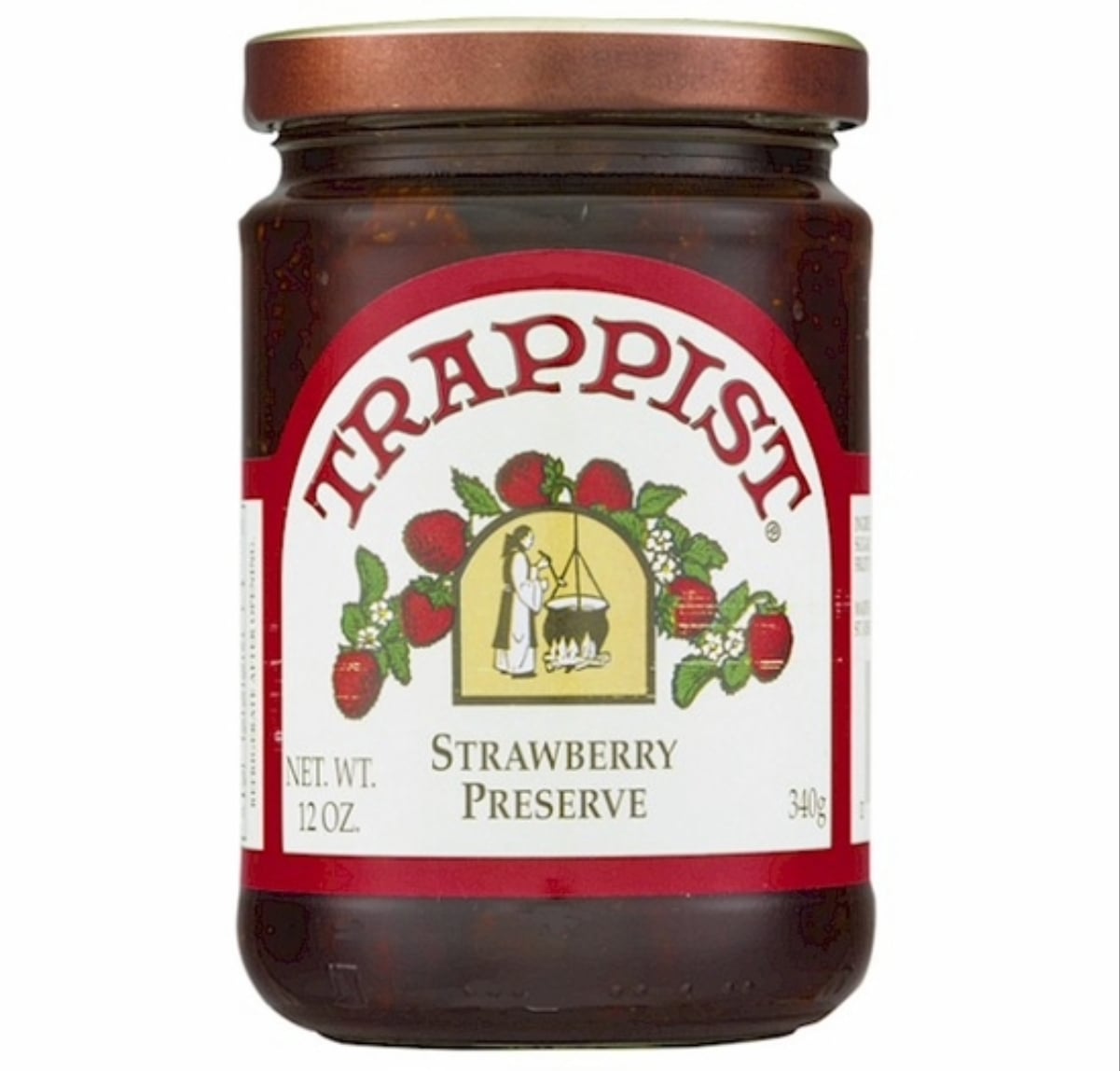 A glass jar of Trappist Strawberry Preserve with a brown lid. The label features strawberries, a monk stirring a kettle, and the words "Trappist Strawberry Preserve, 12 oz.