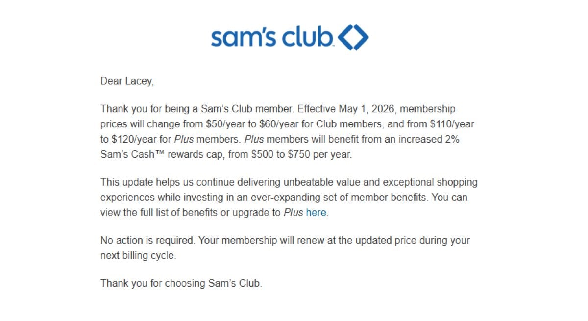 A Sam’s Club email to a member named Lacey announces a membership price increase starting May 1, 2026, details new rates, rewards cap changes, and notes automatic renewal at the new price.
