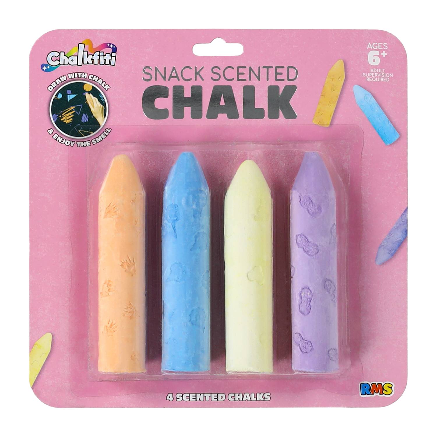 Discover new Five Below products with this pack of four large, pastel-colored chalk sticks in a pink "Chalkfitti Snack Scented Chalk" package. Each stick, perfect for ages 6+, features embossed snack designs and fun scents.