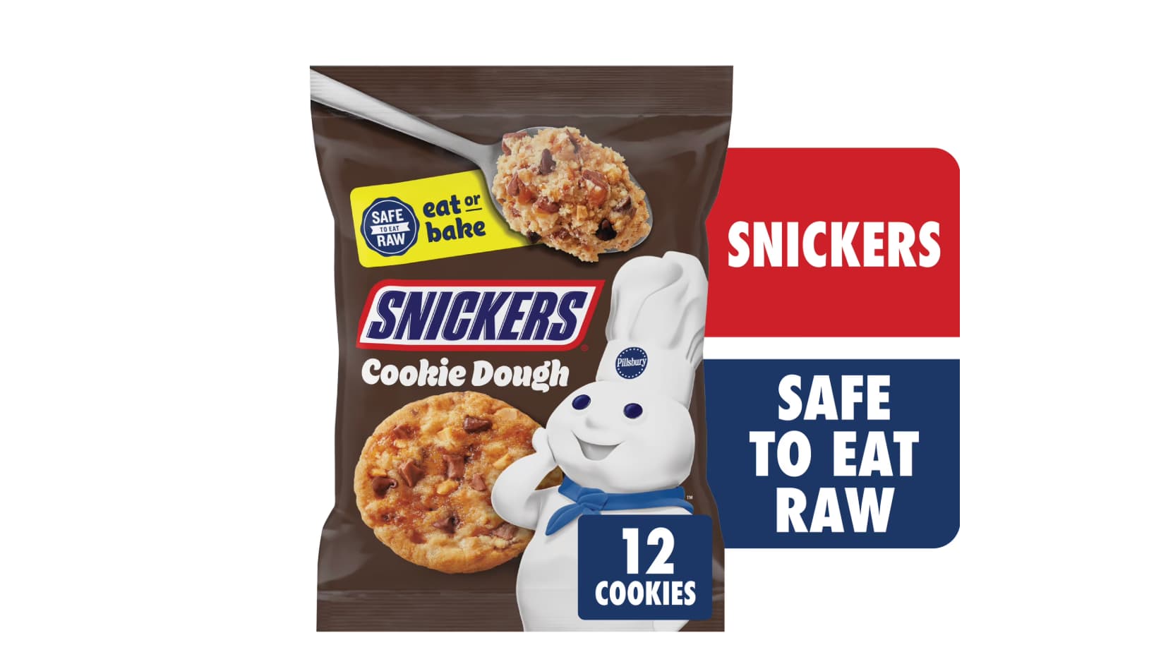 A package of Snickers Cookie Dough featuring the Pillsbury Doughboy, labeled “12 cookies” and “safe to eat raw,” with a cookie topped with Snickers pieces shown on the front.