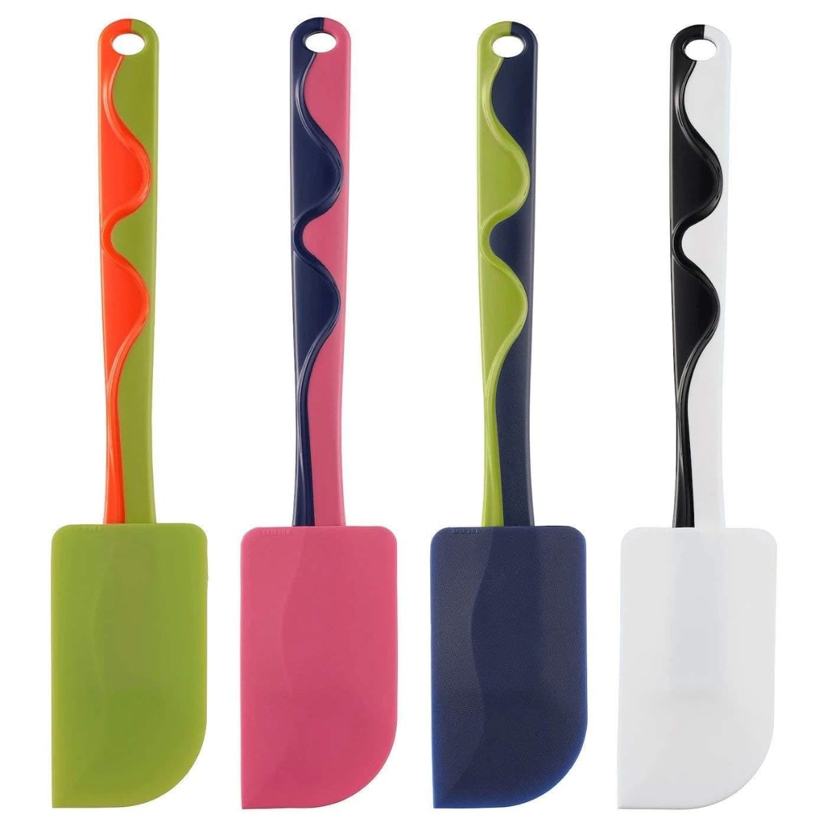 Four silicone spatulas with wavy two-tone handles in green, pink, blue, and white, each featuring a hole at the top for hanging. The spatula heads match the body colors.
