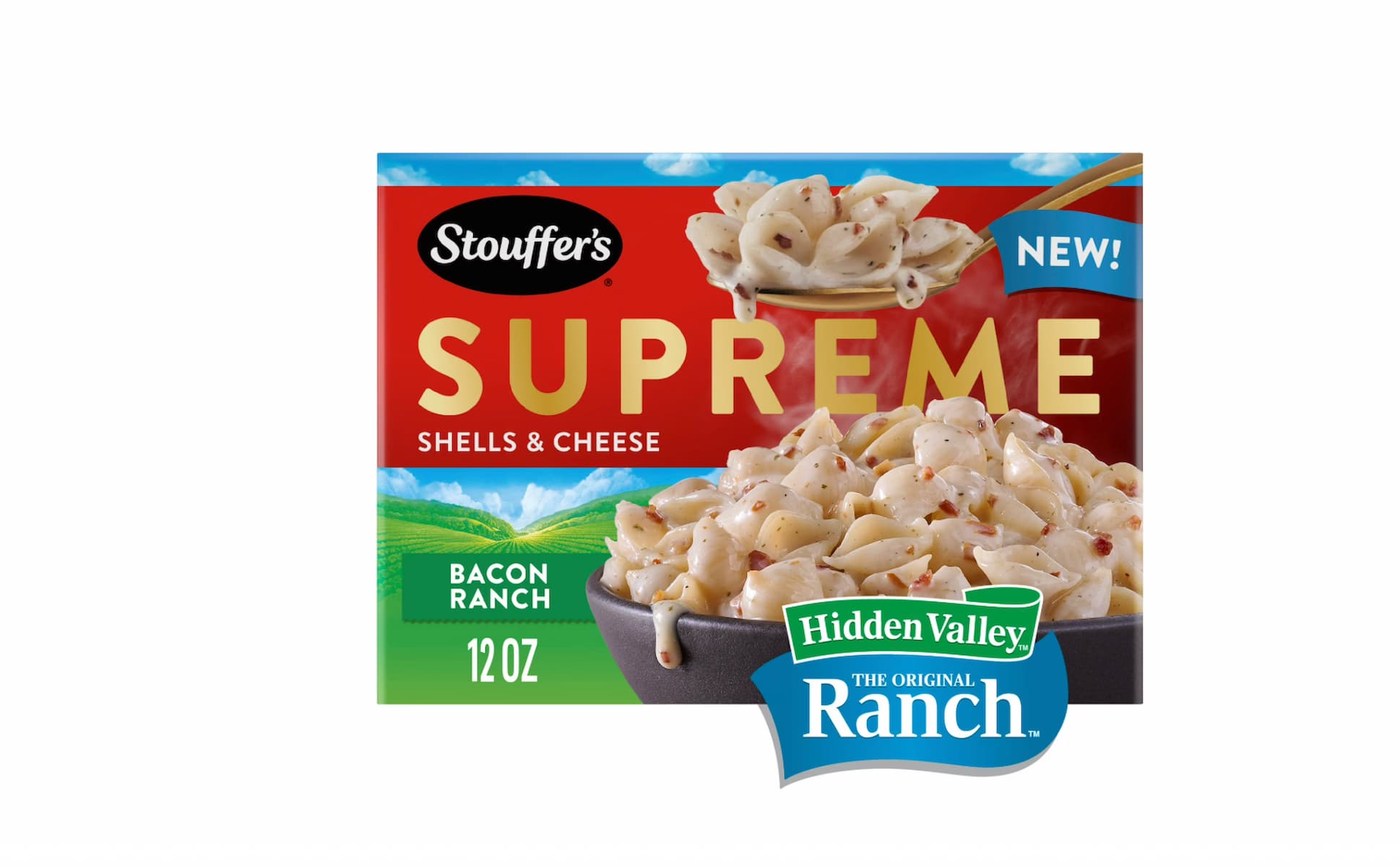A box of Stouffer's Supreme Shells & Cheese, Bacon Ranch flavor, 12 oz, featuring Hidden Valley Ranch branding and an image of creamy pasta in a bowl against a red and blue background.