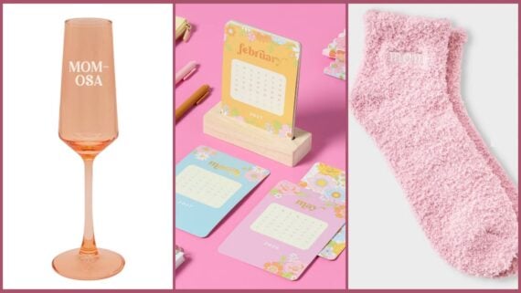 A collage highlights thoughtful mother's day gifts: a pink champagne flute labeled "MOM-OSA," vibrant floral desk calendars with pens on a pink surface, and cozy fuzzy socks marked "MOM.
