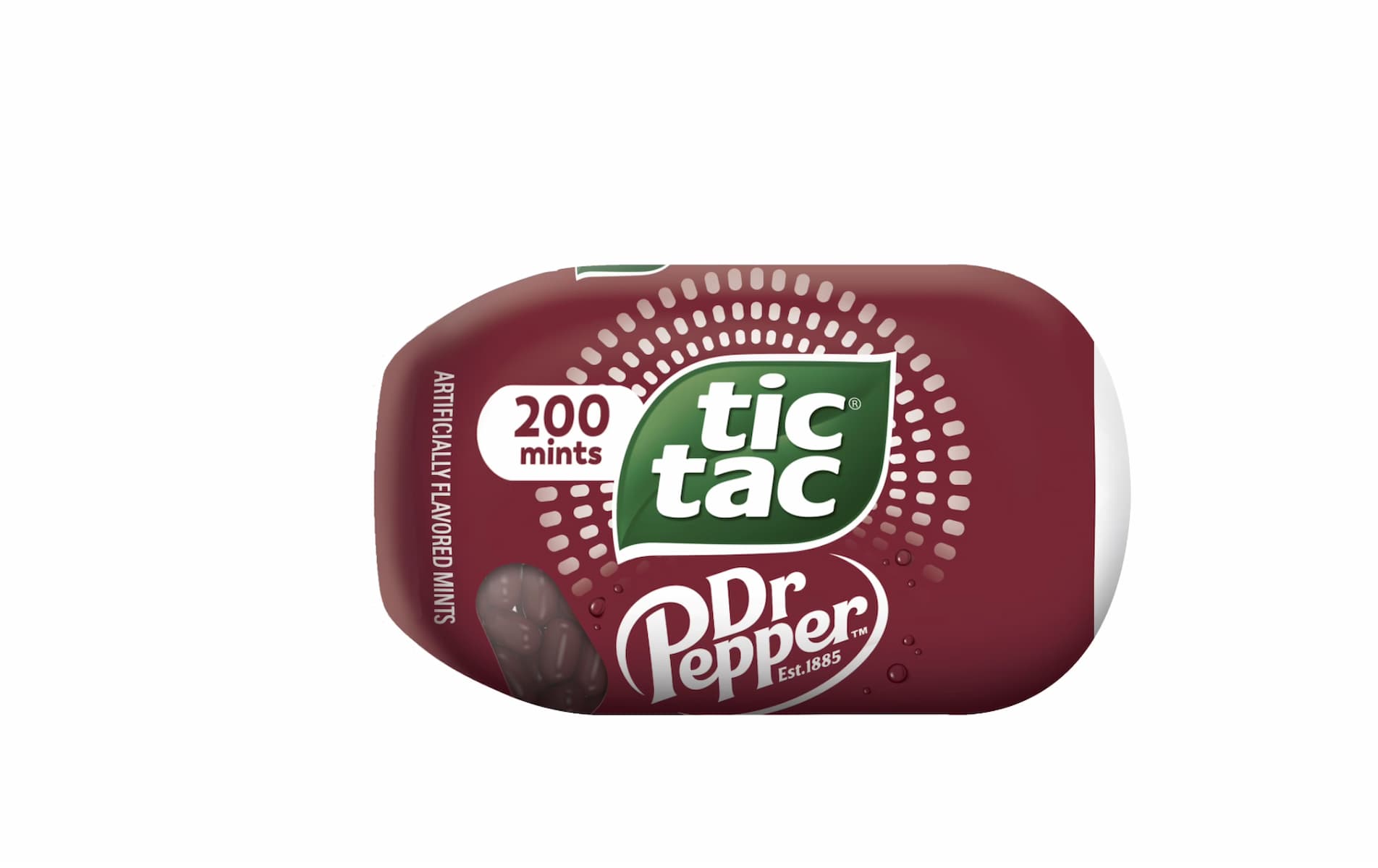 A Tic Tac container labeled “Dr Pepper” flavor, featuring a maroon background, the Tic Tac and Dr Pepper logos, and text indicating 200 artificially flavored mints inside.