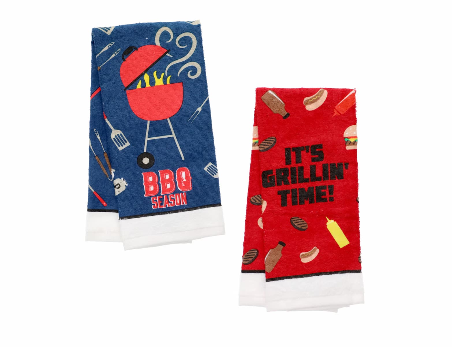 Two colorful kitchen towels: one blue with BBQ grill and utensils, reading "BBQ Season," and one red with burgers, hot dogs, condiments, and the text "IT'S GRILLIN' TIME!" Both have white edges.