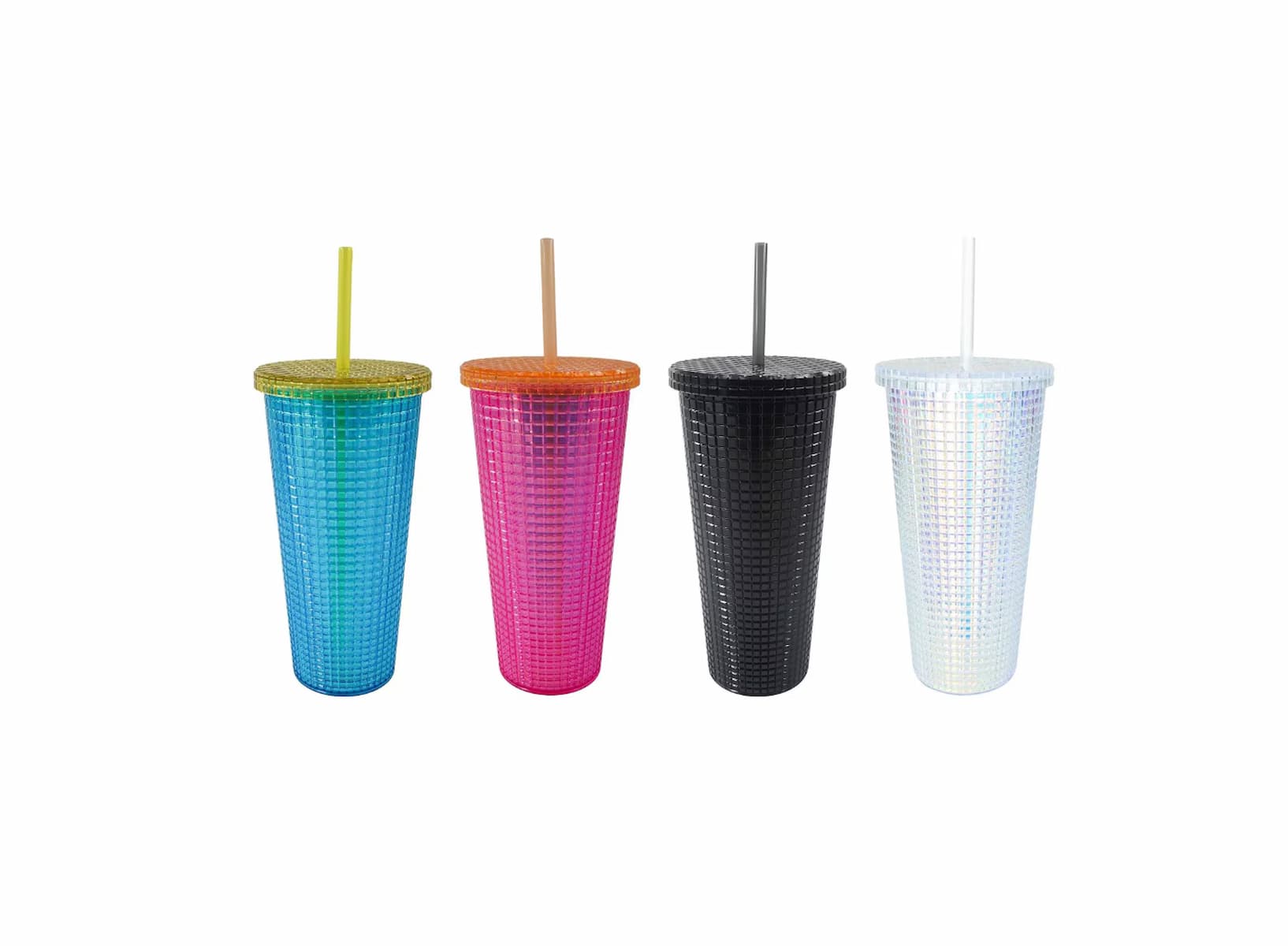 Four textured tumblers with straws in blue, pink, black, and iridescent white colors, each with a matching or coordinating lid and straw, displayed side by side on a white background.