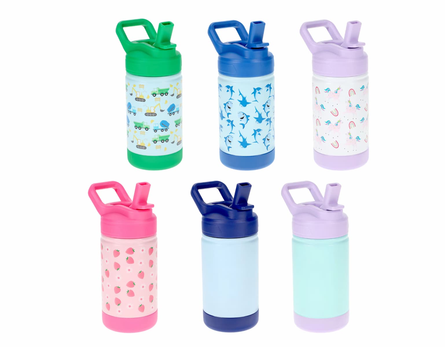 Six colorful children's water bottles with built-in straws, featuring various designs like cars, sharks, rainbows, strawberries, and solid colors in green, blue, purple, and pink.