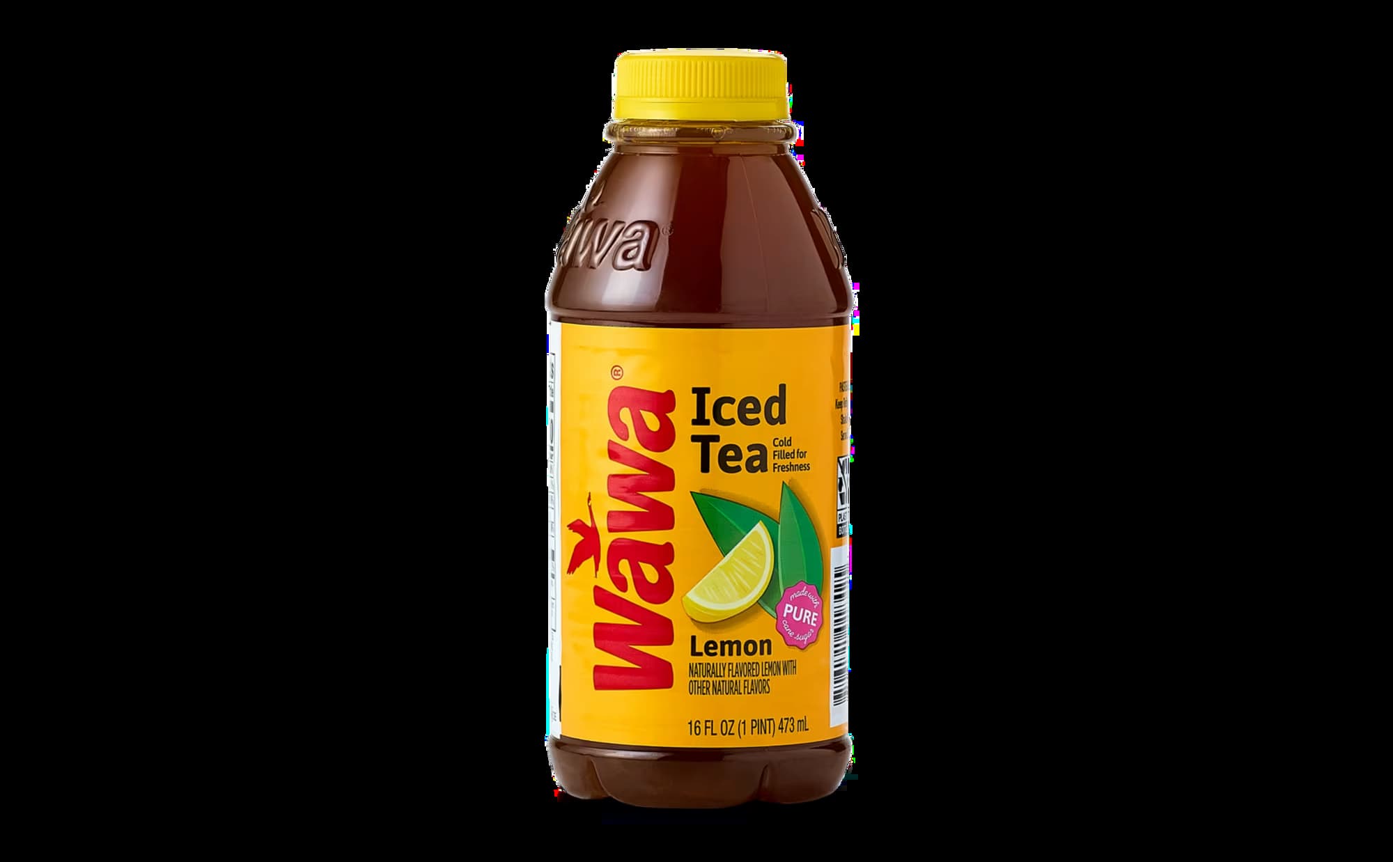 A 16-ounce plastic bottle of Wawa Iced Tea Lemon flavor with a yellow cap and a bright yellow label featuring a lemon slice and the Wawa logo. The label also notes "with natural flavors" and "100 calories per bottle.