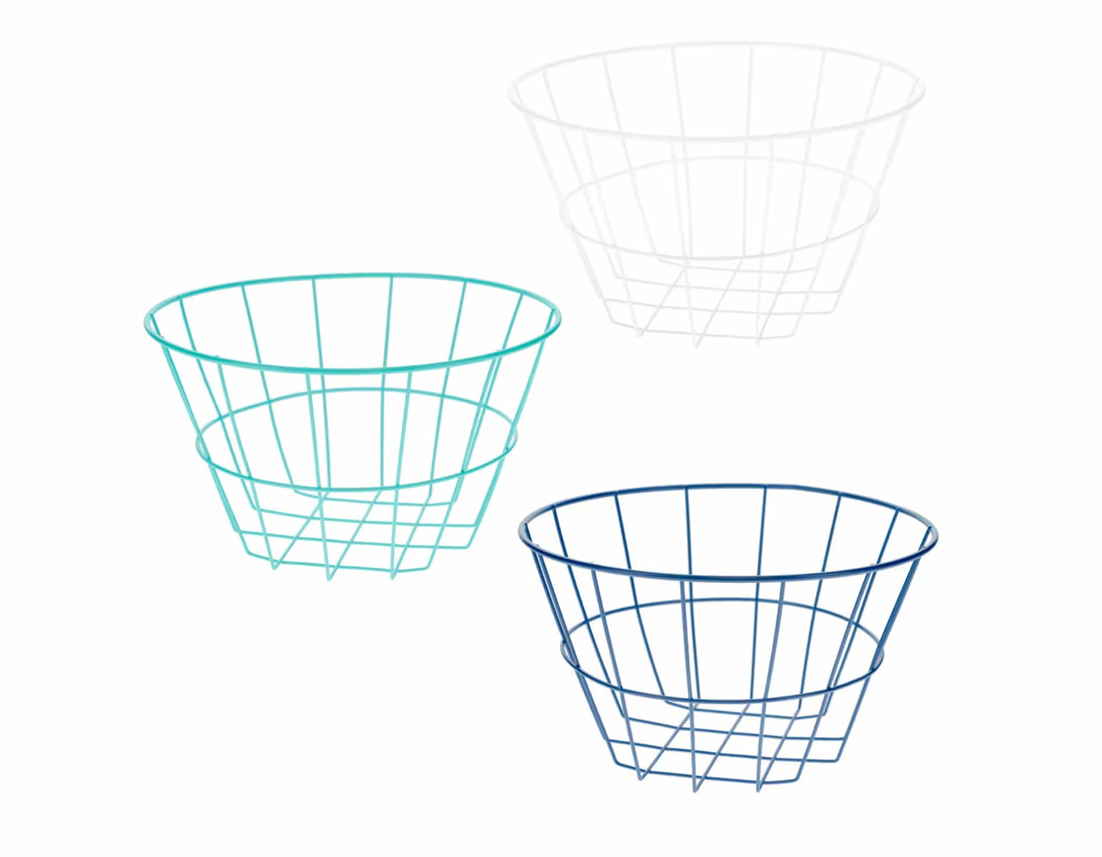 Three wire baskets are shown against a white background: one teal, one navy blue, and one white. The baskets are round with open grids and are arranged in a triangular formation.