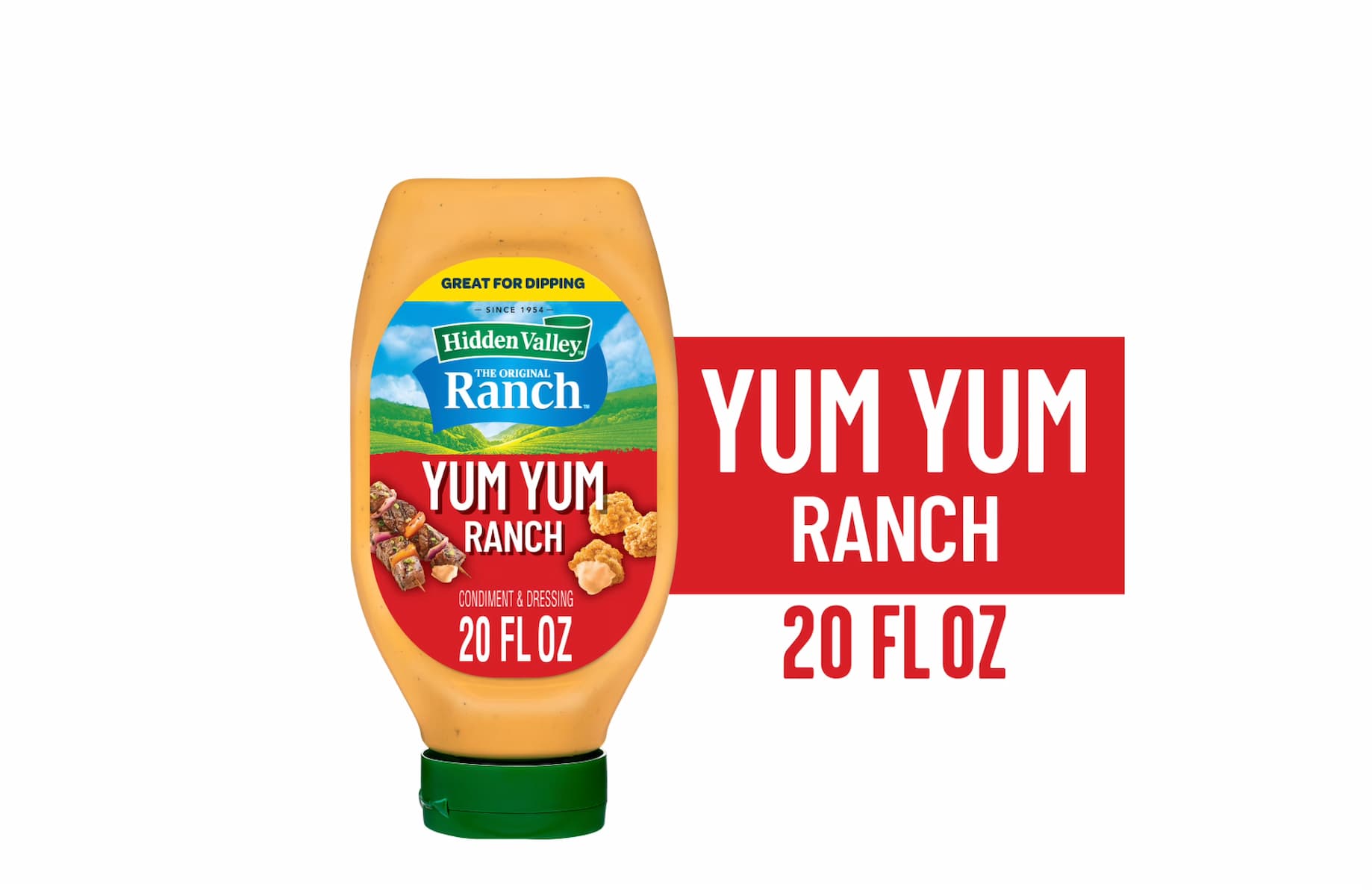 A bottle of Hidden Valley The Original Ranch condiment and dressing with the label "Yum Yum Ranch 20 fl oz" displayed next to the bottle on a red background.
