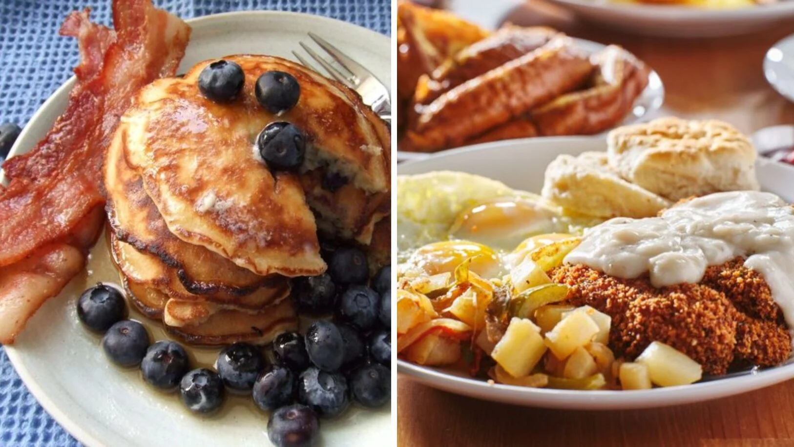 A split image showing two breakfast plates: one with pancakes topped with blueberries and a side of bacon, and another with fried chicken, biscuits with gravy, hash browns, sausage, and eggs.
