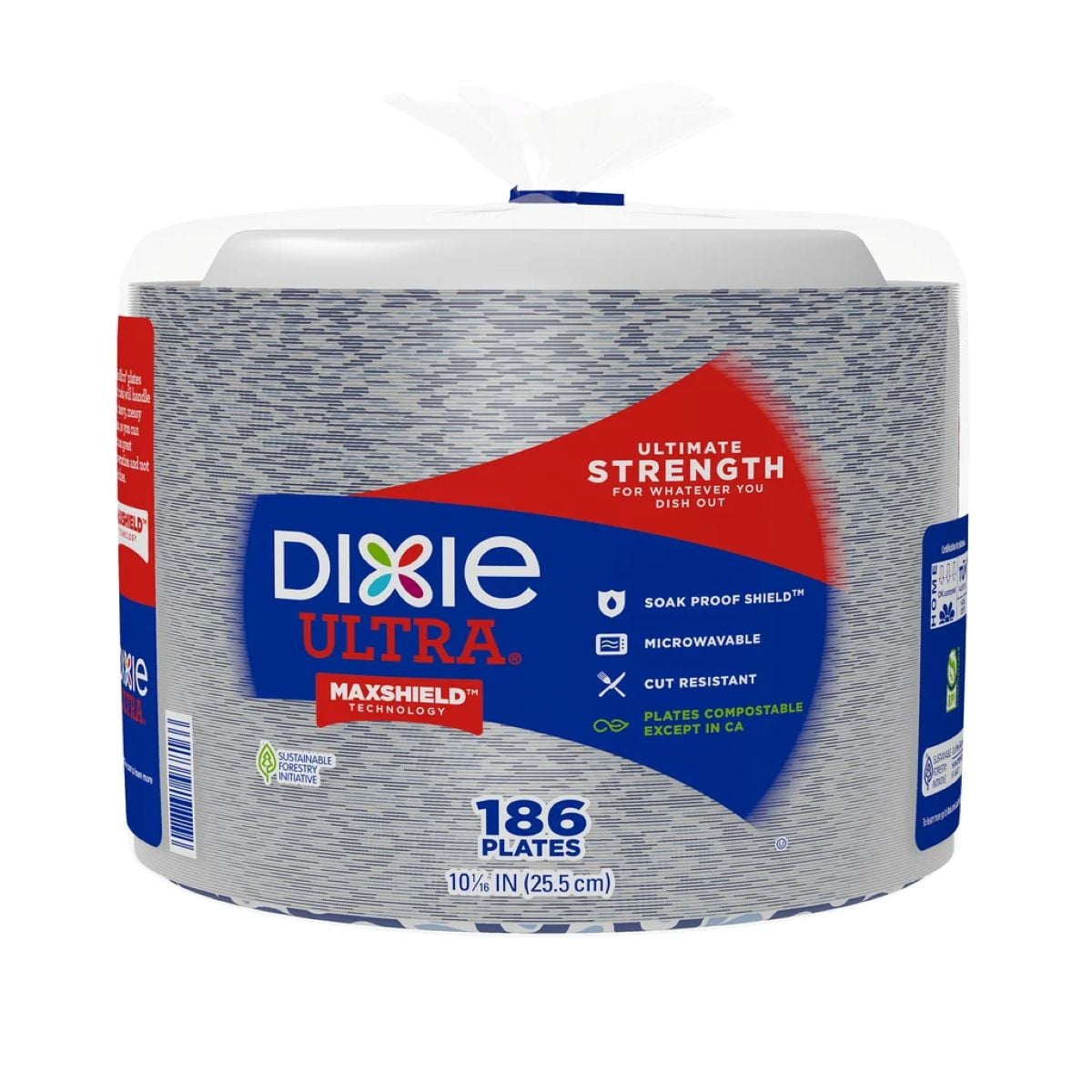 A package of Dixie Ultra disposable plates labeled "Ultimate Strength" with Max Shield Technology. The pack contains 186 plates, each 10 inches in diameter. The package highlights features such as soak-proof, microwaveable, and cut-resistant.