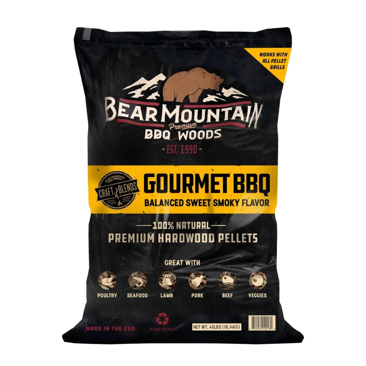 A bag of Bear Mountain Premium BBQ Woods Gourmet BBQ hardwood pellets, labeled as 100% natural with balanced sweet smoky flavor, suitable for poultry, seafood, lamb, pork, beef, and veggies, and compatible with all pellet grills.