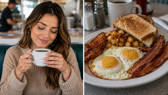A woman enjoys a cup of coffee in a diner, savoring sunny-side-up eggs, bacon, toast, and breakfast potatoes&mdash;a classic meal at one of those beloved roadside breakfast spots. Salt, pepper, and her coffee sit ready on the table.