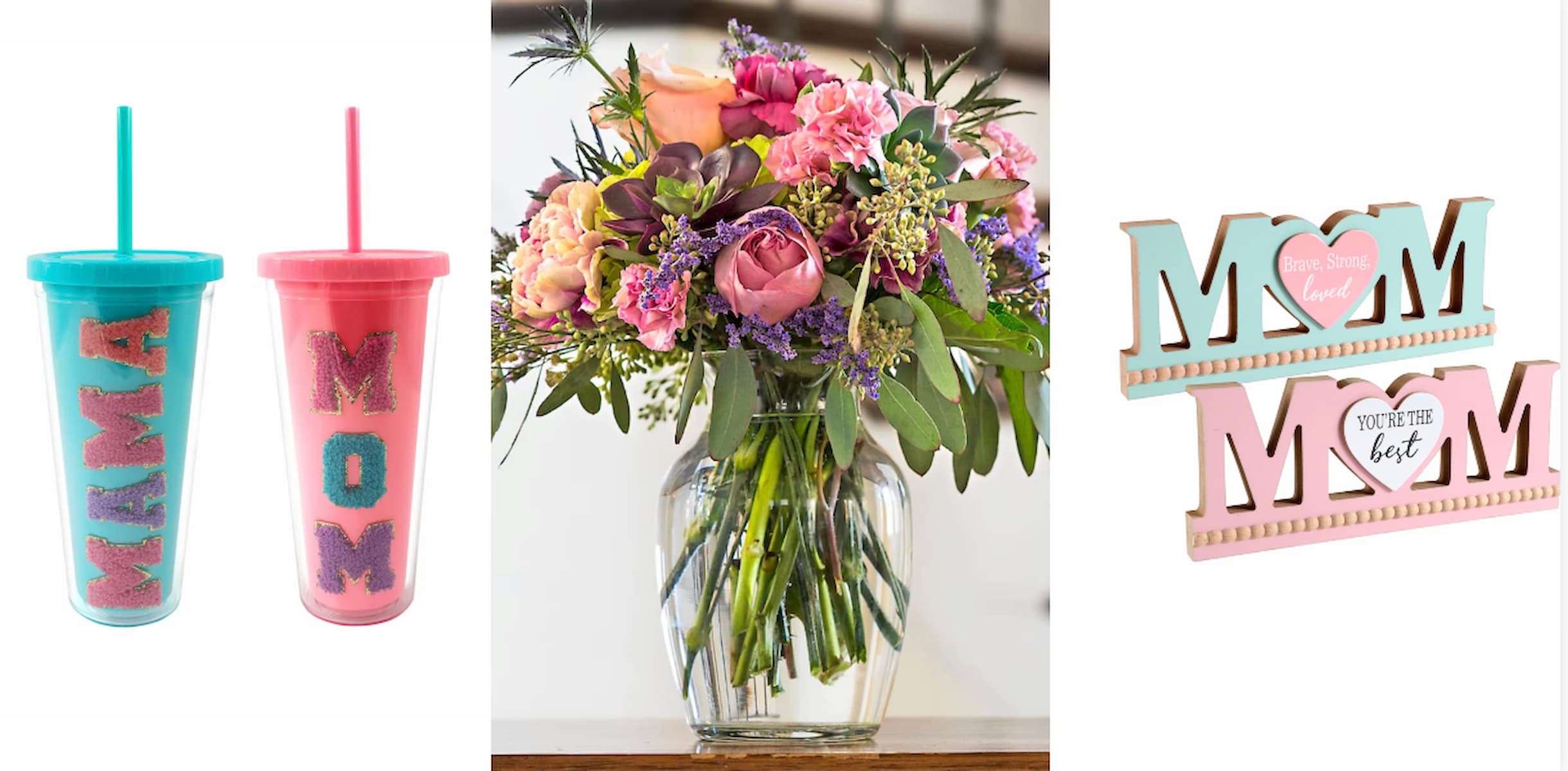 Two colorful tumblers labeled "MAMA" and "MOM," a vase with a vibrant bouquet of flowers, and two decorative "MOM" signs with loving messages.