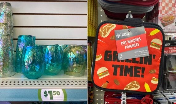 Split image: Left shows iridescent blue and green tumblers on a shelf labeled $1.50 at Dollar Tree. Right features a red pot holder with burgers, hot dogs, the text "GRILLIN&rsquo; TIME!" and a bilingual price tag&mdash;perfect for summer fun.