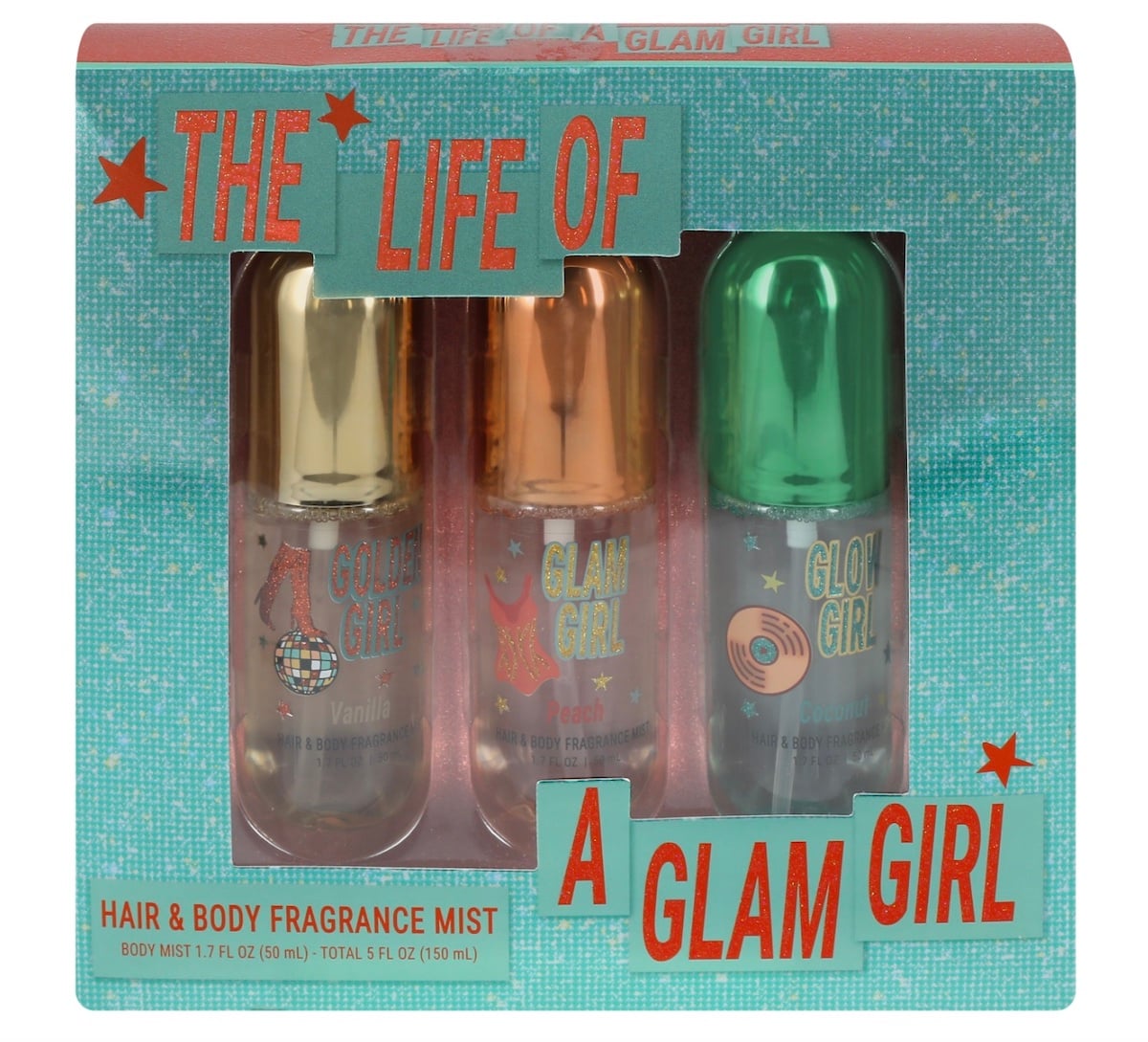 A boxed set from five below features three small spray bottles labeled "Glam Girl" and "Glow Girl" with colorful caps, titled "The Life of a Glam Girl" in bold red text on a turquoise box with star accents.
