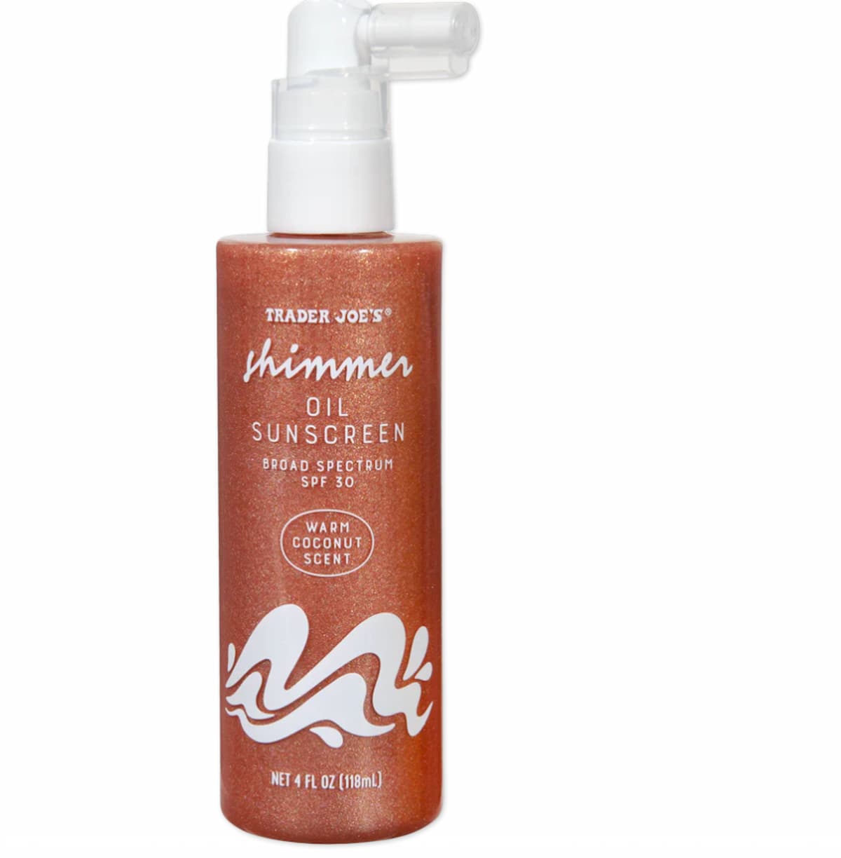 A bottle of Trader Joe's Shimmer Oil Sunscreen SPF 50 with warm coconut scent, featuring a pump dispenser and metallic orange label. The bottle contains 4 fl oz (118mL).