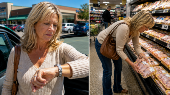 A woman checks her watch while standing by a car in a parking lot, then selects packaged chicken from grocery clearance deals in a store aisle.