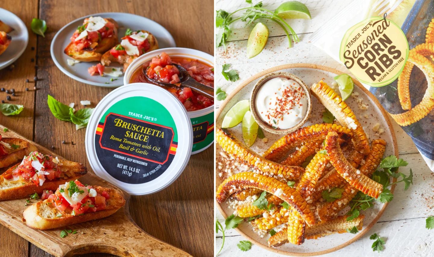 A split image: on the left, bruschetta with tomato and basil on toasted bread; on the right, seasoned corn ribs with dip and lime wedges beside a Trader Joe’s package—delicious and cheap Trader Joe's side dishes perfect for any meal.