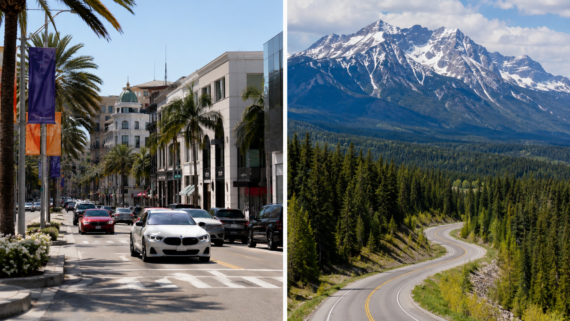 A split image: on the left, cars drive down a sunny, palm-lined city street with upscale storefronts&mdash;one of the affordable small cities in America; on the right, a winding road cuts through a forested landscape beneath tall, snow-capped mountains.