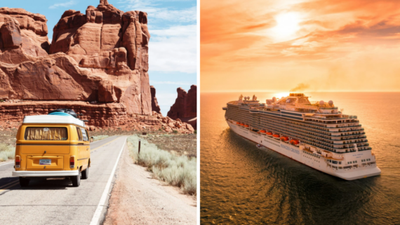 Split image: On the left, a yellow van drives past red rock formations in a desert. On the right, a cruise ship sails on the ocean at sunset, both scenes inviting adventure seekers to explore new horizons and compare traveling prices.