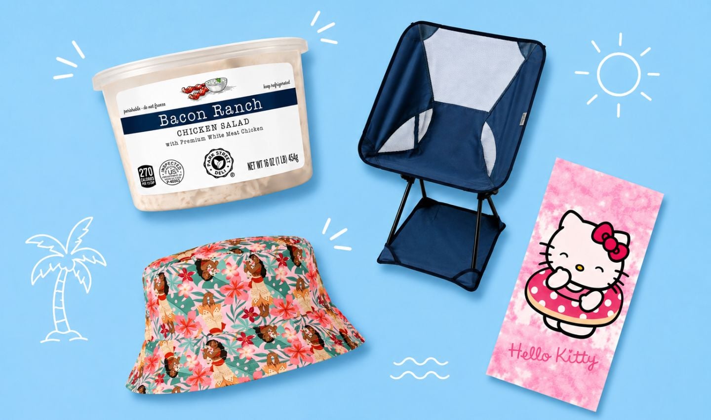 A container of bacon ranch chicken salad from the new Aldi products May 13, a folded blue camping chair, a colorful floral bucket hat, and a pink Hello Kitty beach towel on a blue background with white beach-themed doodles.