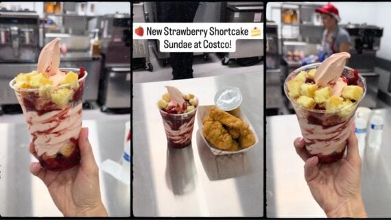 Three photos show a hand holding a cup of strawberry shortcake sundae with strawberry sauce and cake pieces. The middle photo adds a tray with chicken strips and a drink. Text reads: "New Strawberry Shortcake Sundae at Costco!