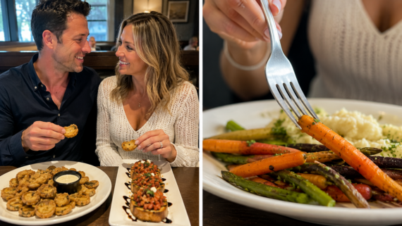 A smiling couple enjoys appetizers at a restaurant, sharing a joyful moment. Next to them, a close-up highlights their restaurant dining habits as a hand holds a fork with roasted carrots and vegetables beside mashed potatoes.