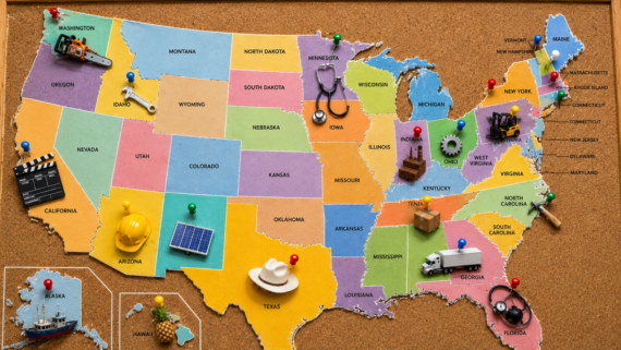 A colorful corkboard map of the United States with small objects on states&mdash;a film clapper on California, cowboy hat on Texas, lobster on Maine, and a degree next to the stethoscope on Michigan&mdash;each symbolizing local industries or achievements.