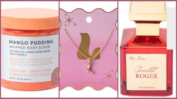 A collage shows a mango pudding whipped body scrub, a gold initial necklace with an "L" charm on a pink card from five below, and a bottle of Scarlet Rogue perfume with a gold cap and red-orange liquid.