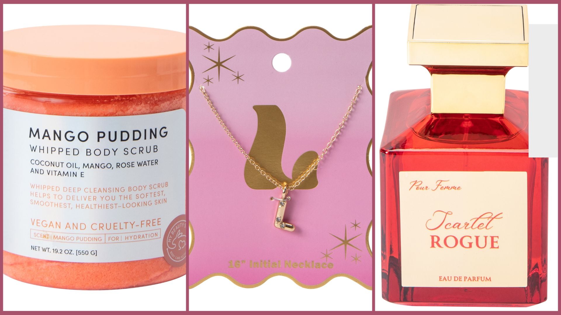 A collage shows a mango pudding whipped body scrub, a gold initial necklace with an "L" charm on a pink card from five below, and a bottle of Scarlet Rogue perfume with a gold cap and red-orange liquid.
