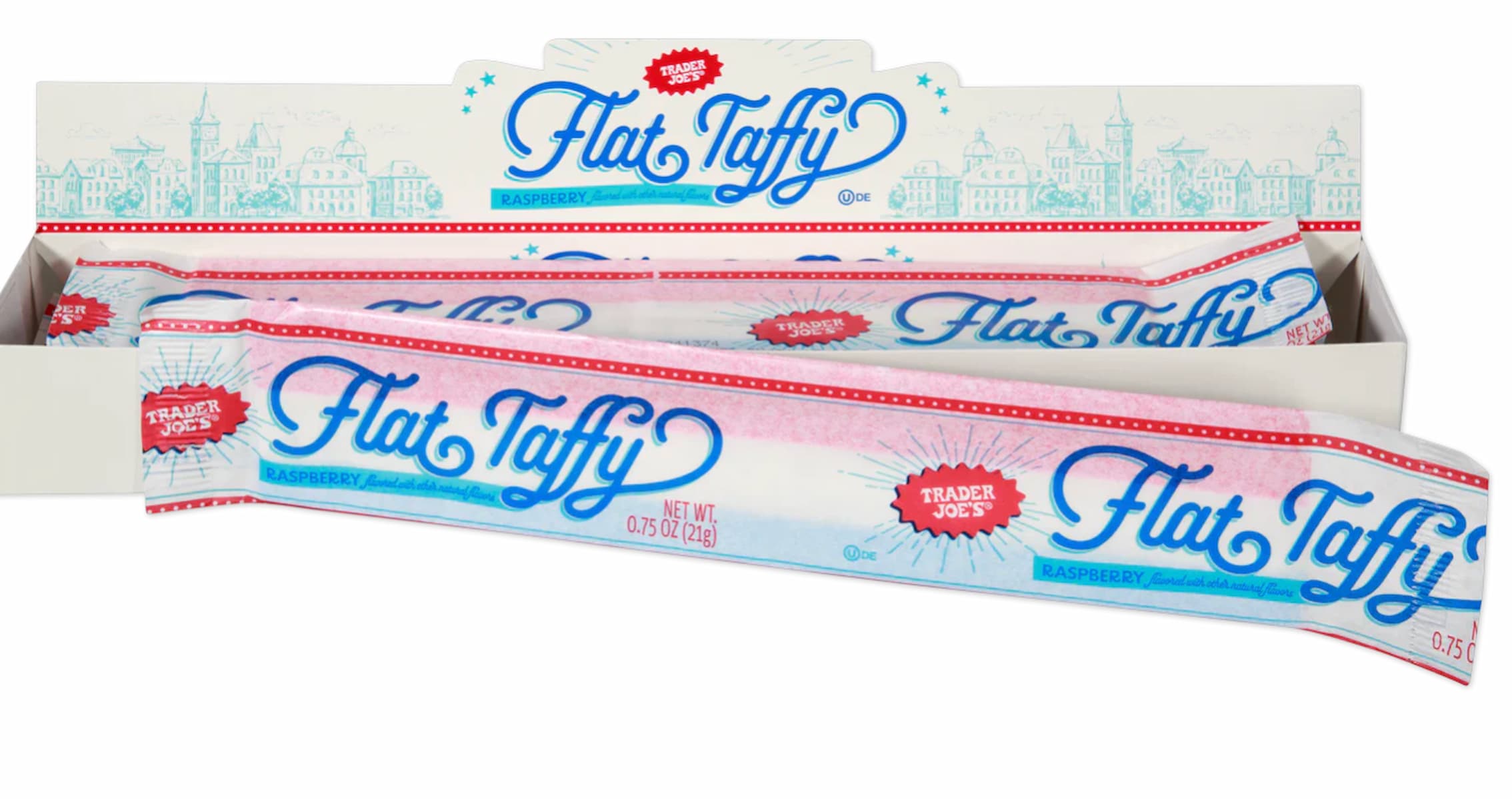 A box of Trader Joe’s Flat Taffy, raspberry-flavored, with individually wrapped long, flat taffy bars inside colorful blue and pink packaging.