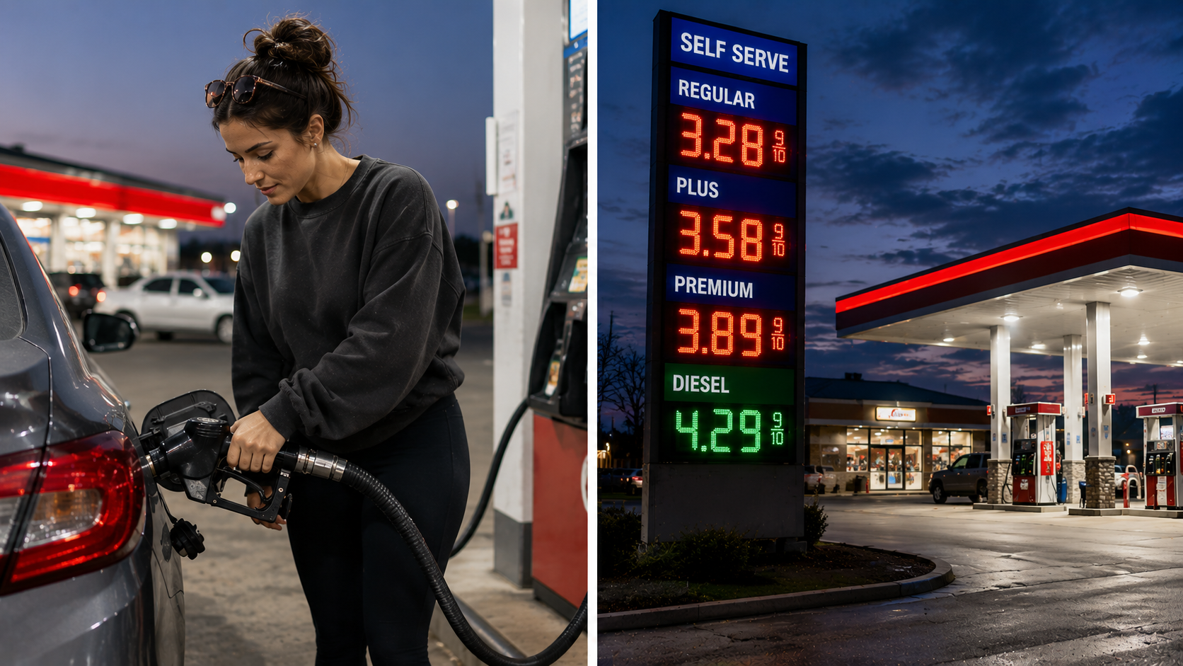 A woman pumps gas into her car at dusk. Beside her, a sign highlights current gas prices: Regular $3.28, Plus $3.58, Premium $3.89, Diesel $4.29, with the station and evening sky in the background.