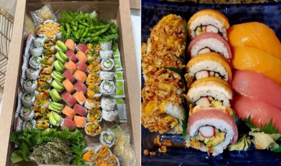 A takeout box of grocery store sushi filled with assorted rolls, edamame, and seaweed salad sits next to a tray of colorful pieces, including nigiri and specialty rolls topped with fish and crunchy toppings.
