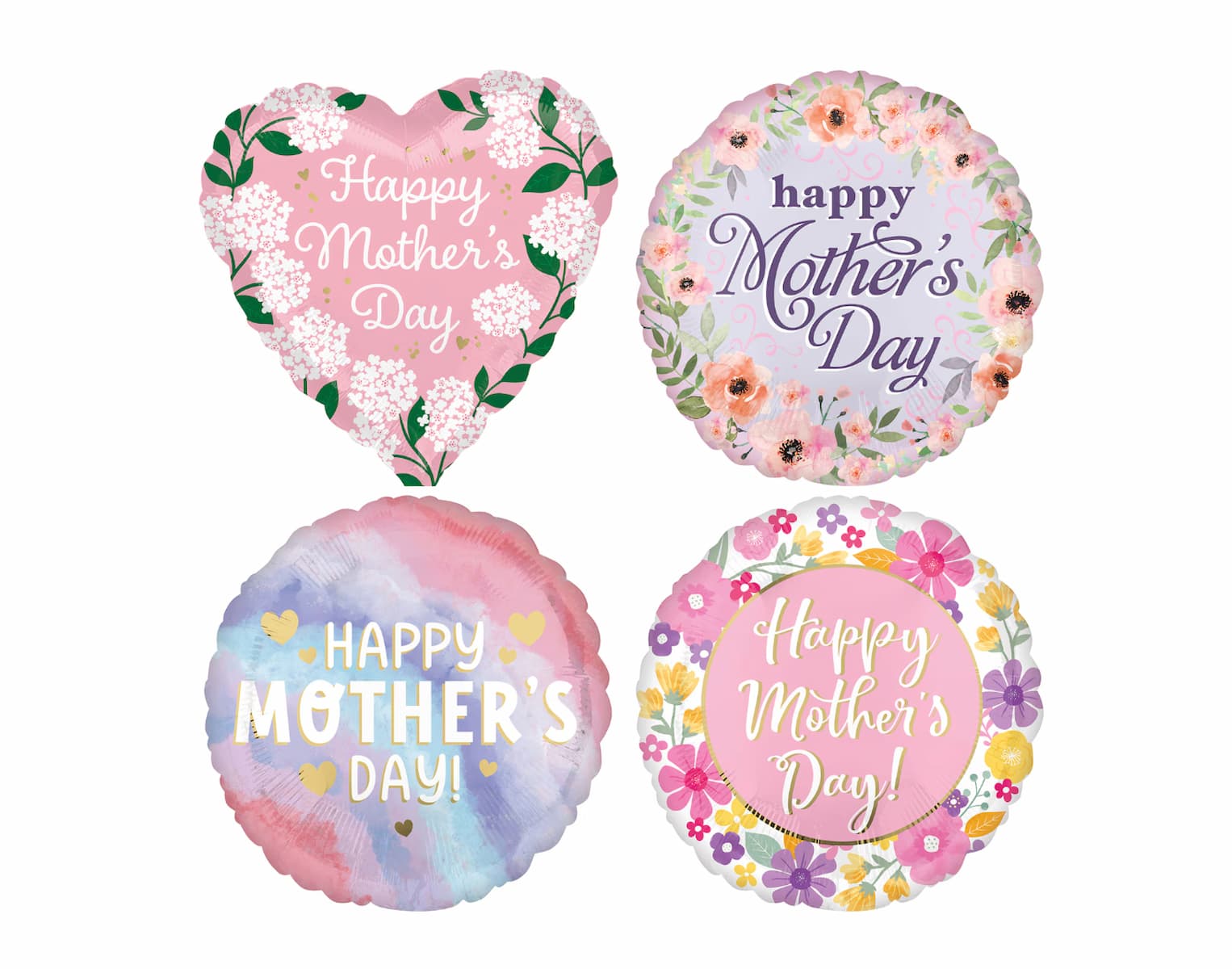Four colorful balloons with “Happy Mother’s Day” messages in different styles: one heart-shaped with flowers, three round ones with floral or pastel patterns and various fonts.