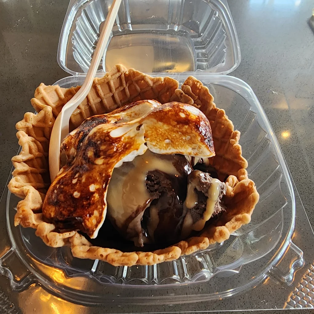 A waffle bowl filled with scoops of ice cream, topped with a layer of toasted marshmallow, served in a clear plastic container with a white plastic spoon.
