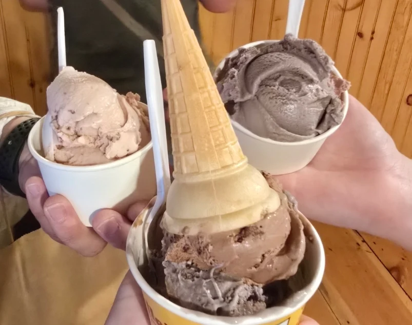 Three people hold cups of ice cream with plastic spoons; one cup has an upside-down cone on top. The ice cream flavors appear to be shades of brown and purple. The background features wooden paneling.