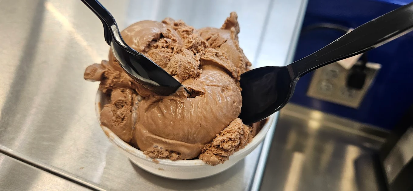 A small white cup filled with scoops of chocolate ice cream, with two black plastic spoons sticking into it, placed on a metal counter next to a power outlet and a blue wall.