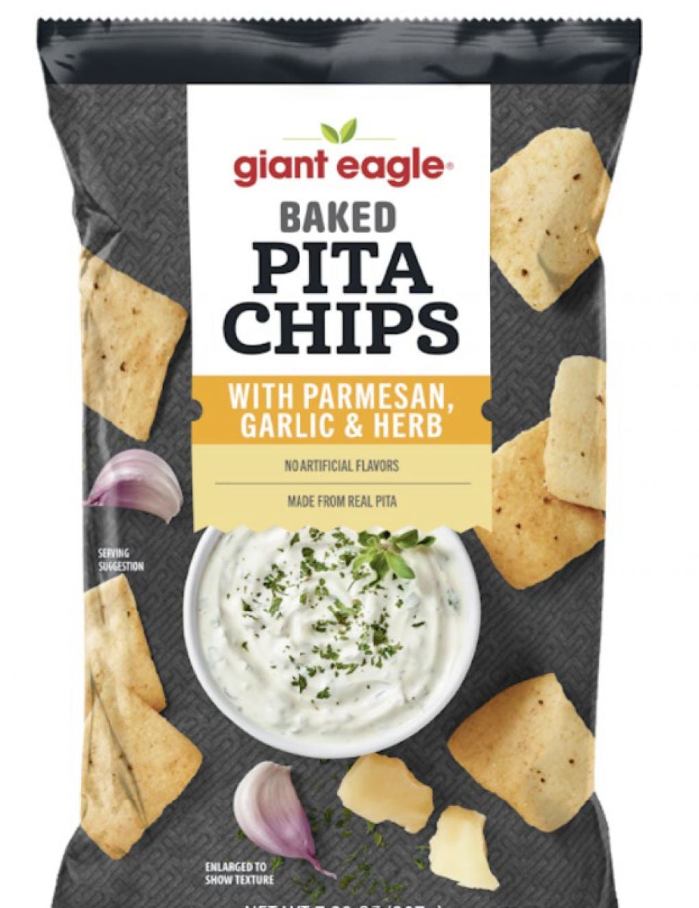 A bag of Giant Eagle Baked Pita Chips with Parmesan, Garlic & Herb flavor, featuring images of pita chips, a bowl of dip sprinkled with herbs, garlic cloves, and a wedge of parmesan cheese on the packaging.
