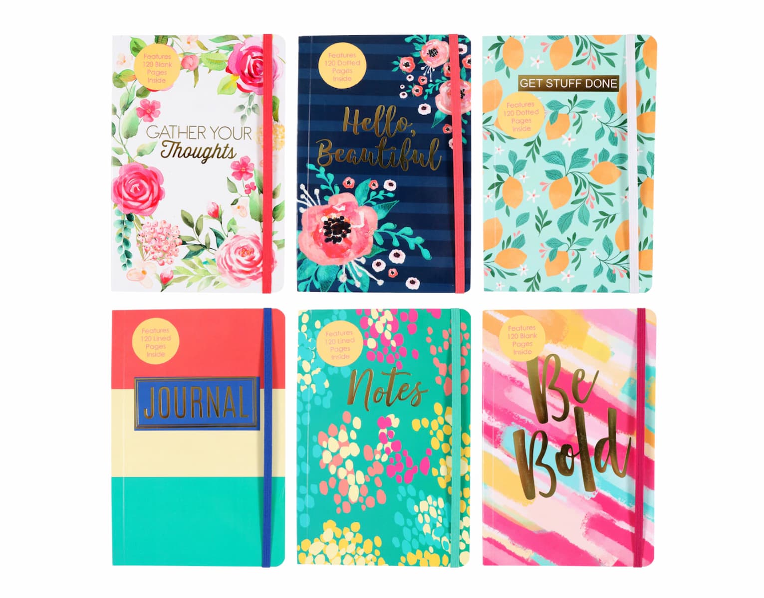 Six colorful journals arranged in two rows, each with a unique cover design and positive text, including "Gather Your Thoughts," "Hello Beautiful," "Get Stuff Done," "Journal," "Notes," and "Be Bold.
