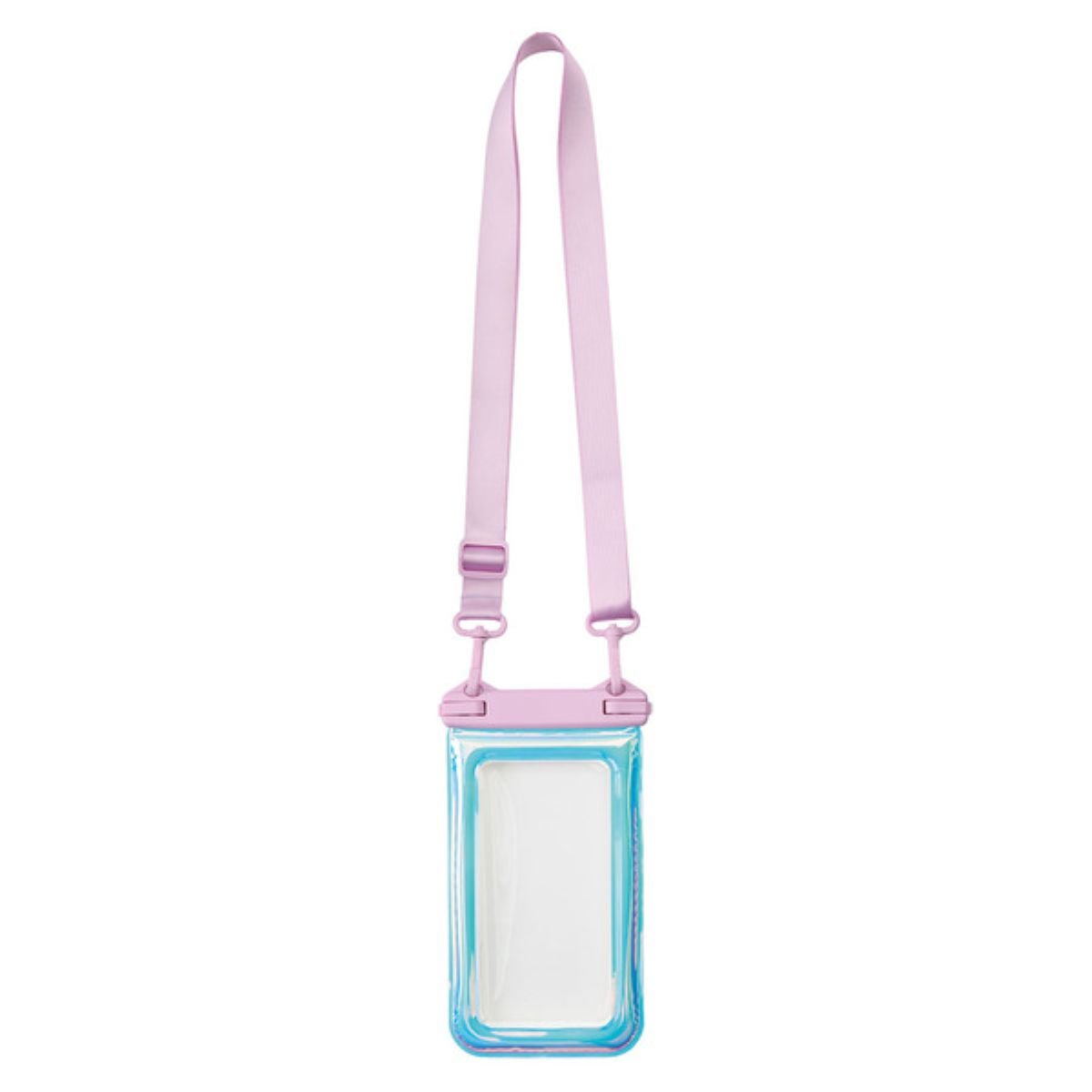 A clear waterproof phone pouch with a blue border and an adjustable pink neck strap, designed to keep a smartphone safe and dry while allowing screen visibility.
