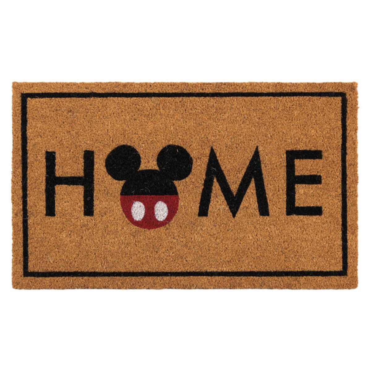 A brown doormat with the word "HOME" in black letters; the "O" is replaced by a black Mickey Mouse head with red and white shorts.