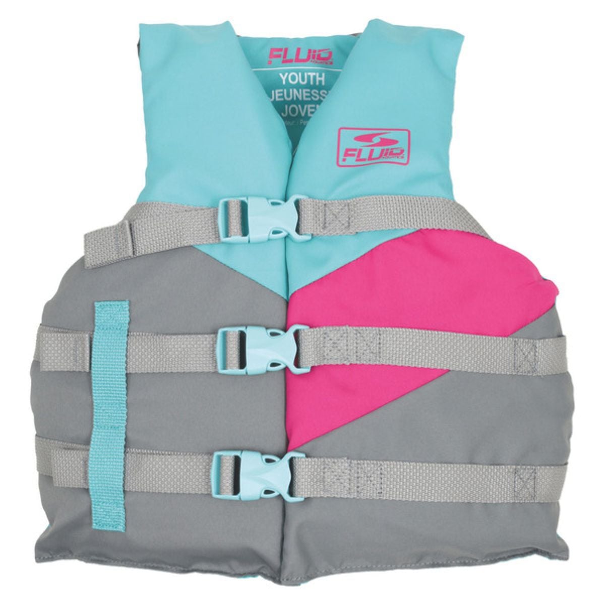 A youth life jacket with teal, gray, and pink color blocks, featuring three adjustable gray straps with light blue buckles across the front. The brand name "Fluid" is visible on the chest area.