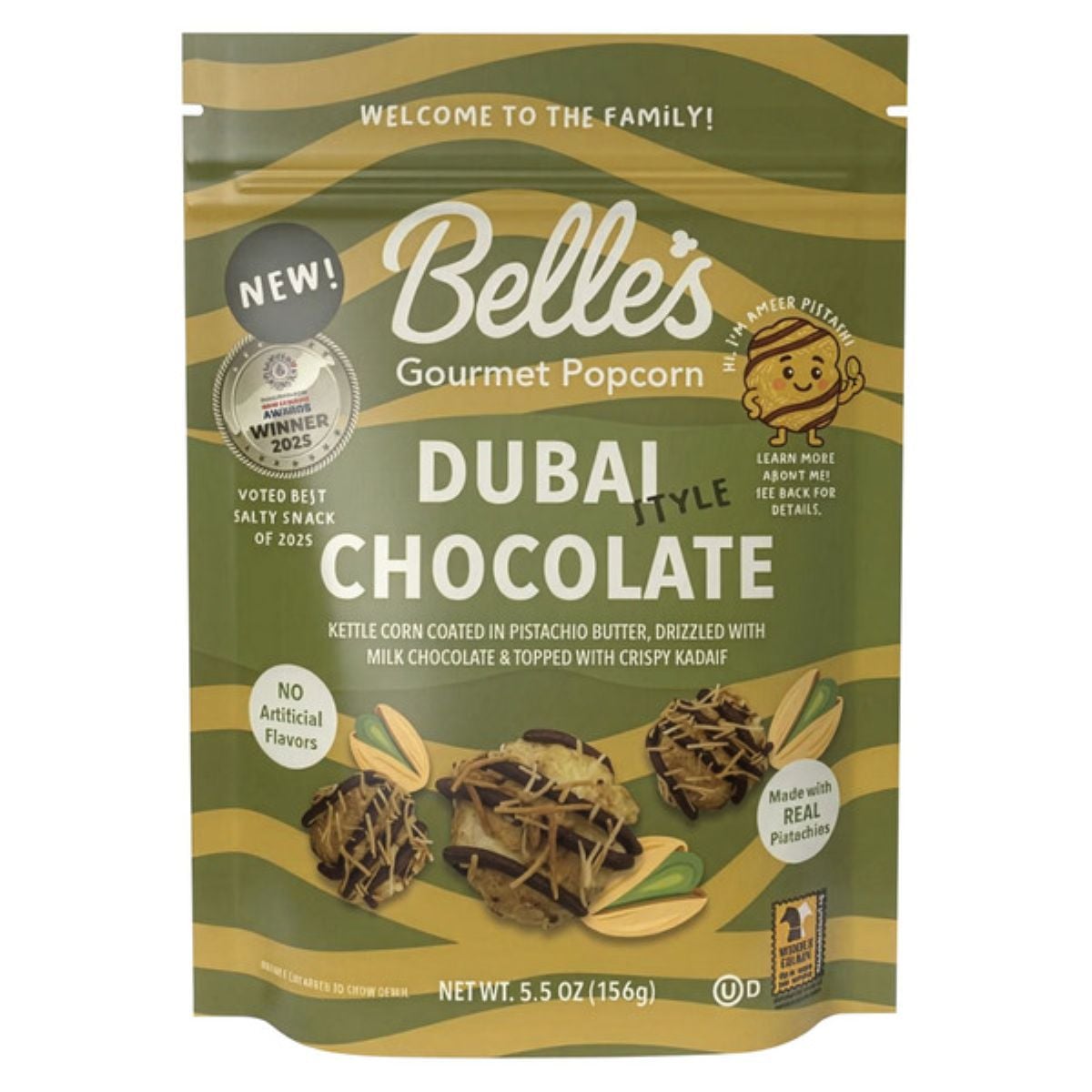 A bag of Belle's Gourmet Popcorn, Dubai Style Chocolate flavor. The packaging is green and gold, showing chocolate-drizzled popcorn pieces and highlighting ingredients like pistachio butter and crispy kadaif. Net weight: 5.5 oz (156g).