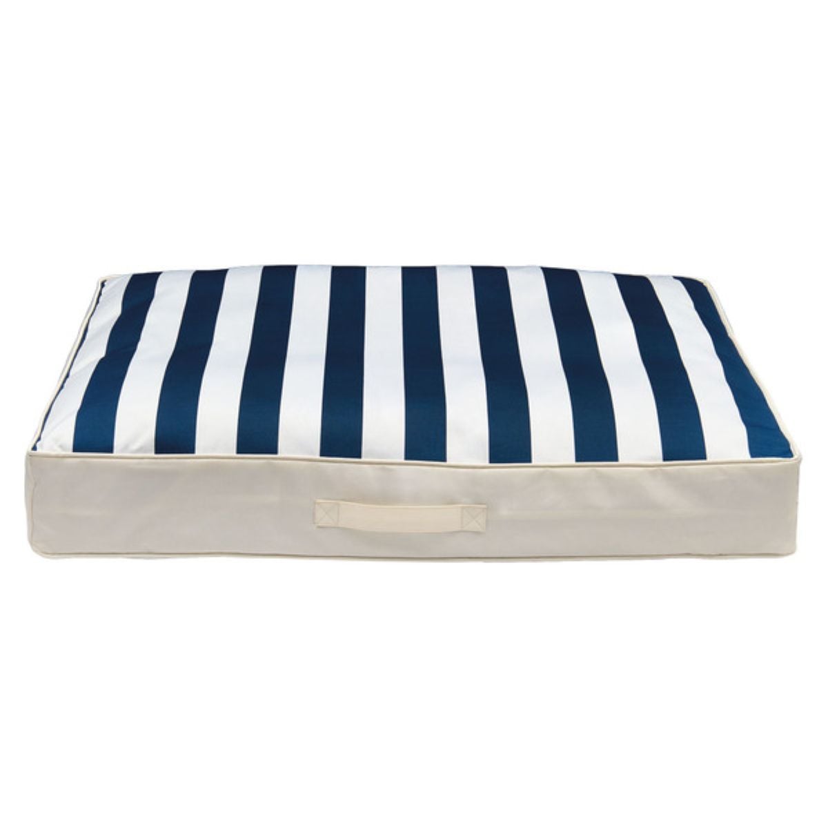 Rectangular cushion or pet bed with a white base and a top featuring bold navy blue and white vertical stripes. There is a fabric handle on the front side for easy carrying.
