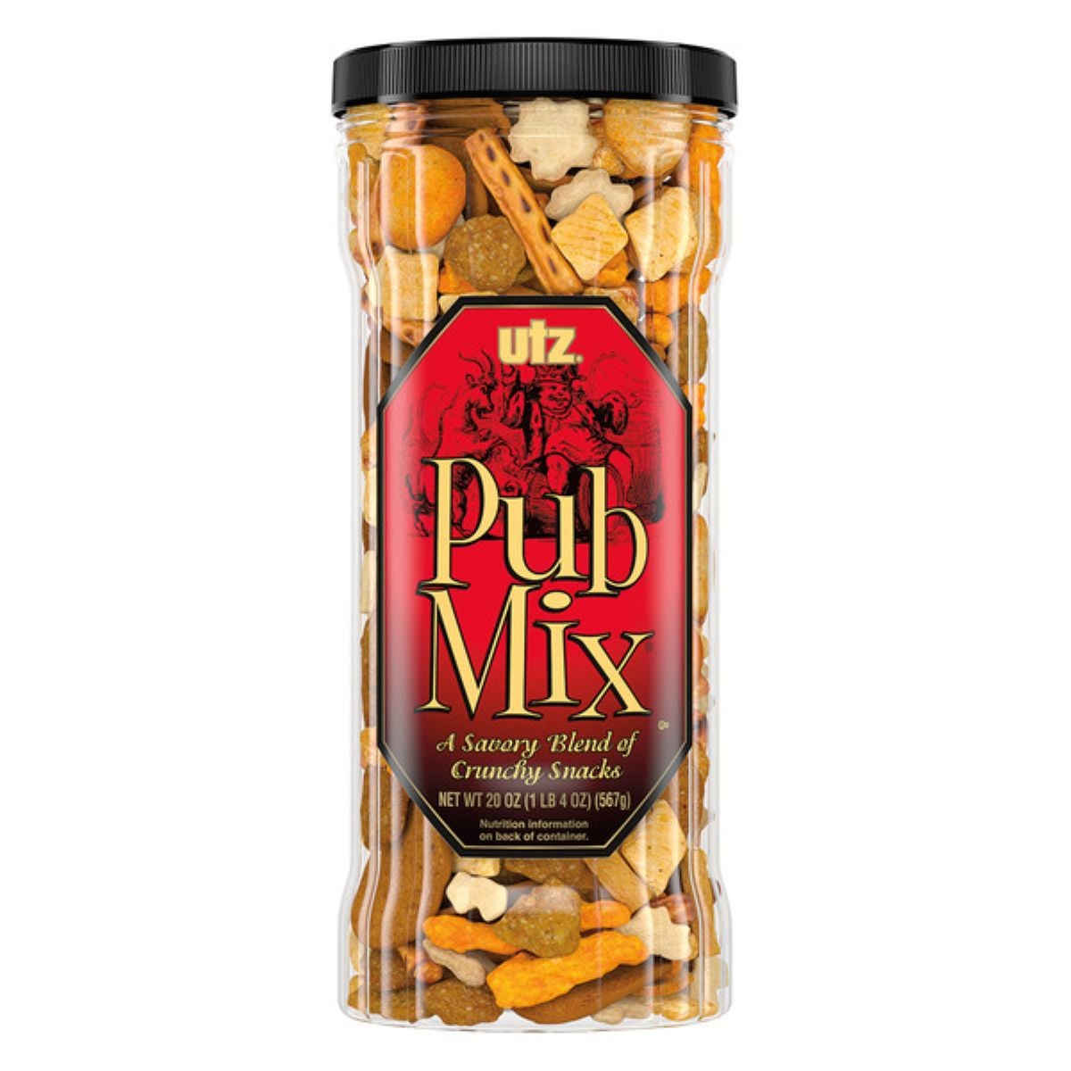 A tall, clear plastic container with a black lid, filled with Utz Pub Mix, a savory blend of crunchy snacks. The red and black label on the front reads “Pub Mix” in large letters.