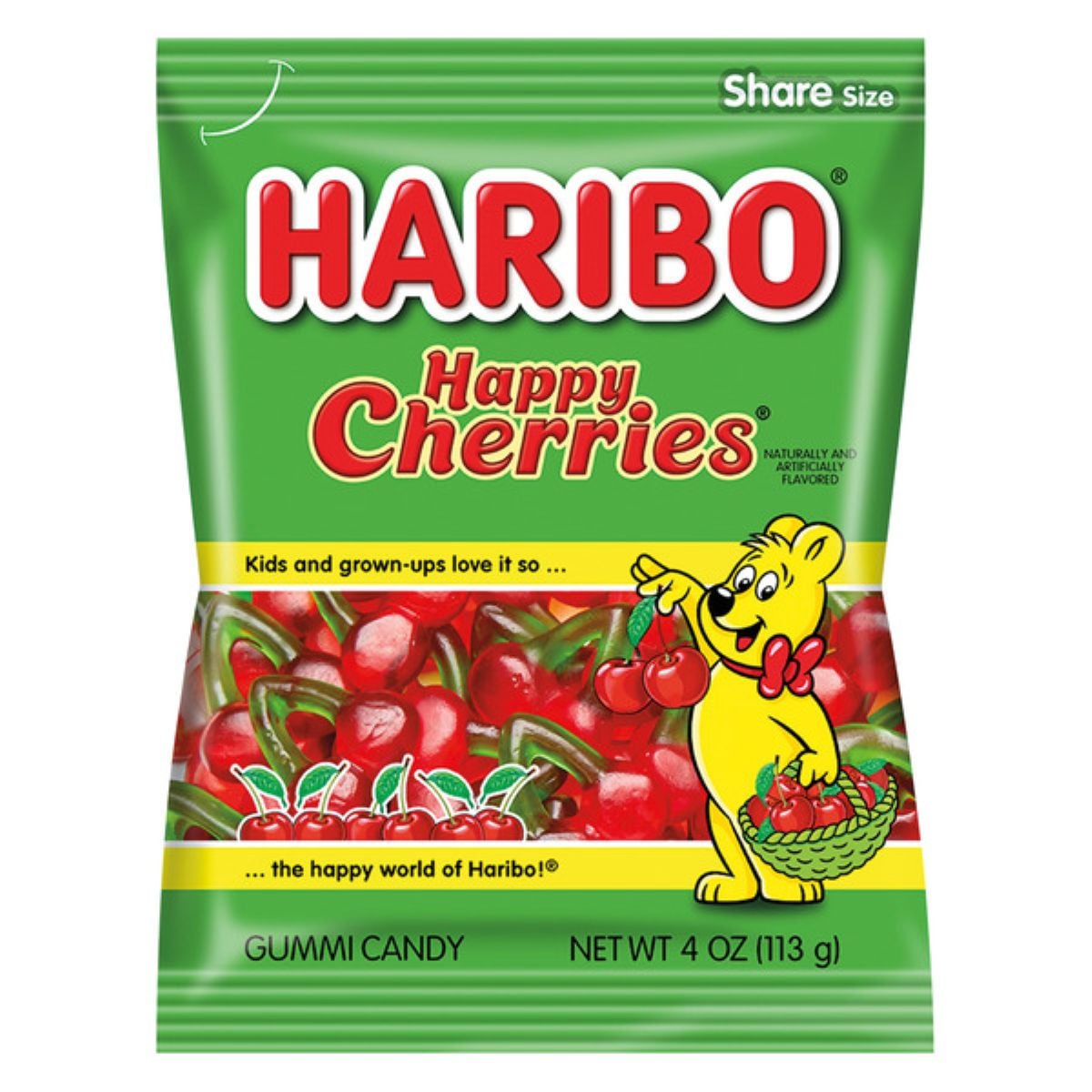 A green bag of Haribo Happy Cherries gummi candy featuring bright red cherry candies and a cheerful yellow bear mascot holding cherries. The package is labeled "Share Size" and contains 4 oz (113 g).