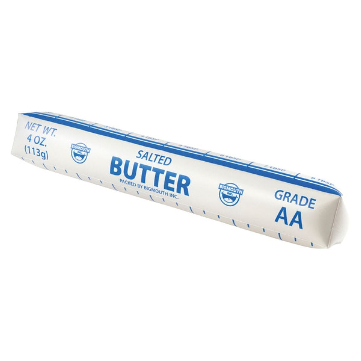 A stick of salted butter in white packaging with blue text, showing weight as 4 oz (113 g) and labeled "Grade AA." The wrapper features measurement markings and branding.