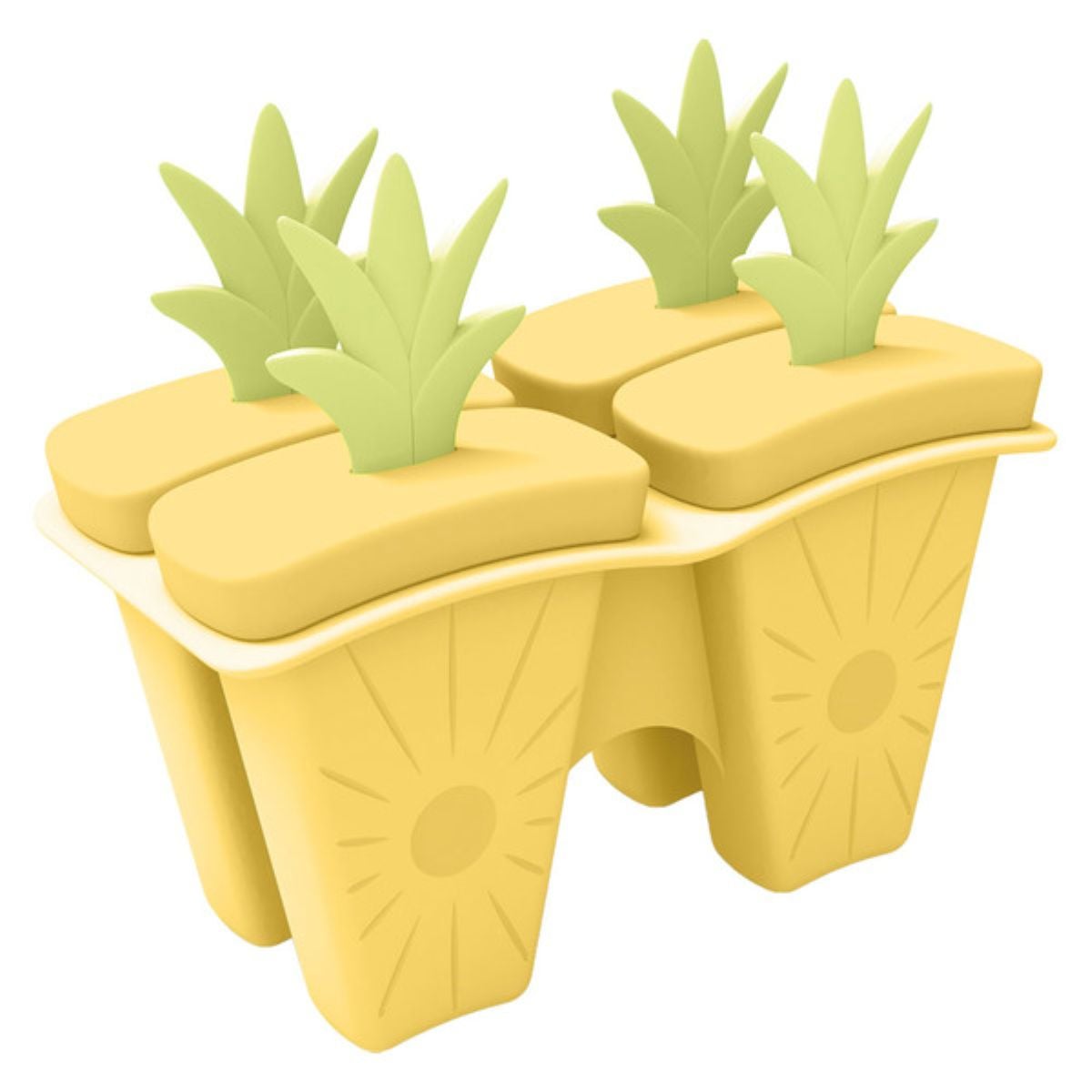 A yellow popsicle mold shaped like pineapples, with four compartments and green leafy tops as handles, resembling the crown of a pineapple.
